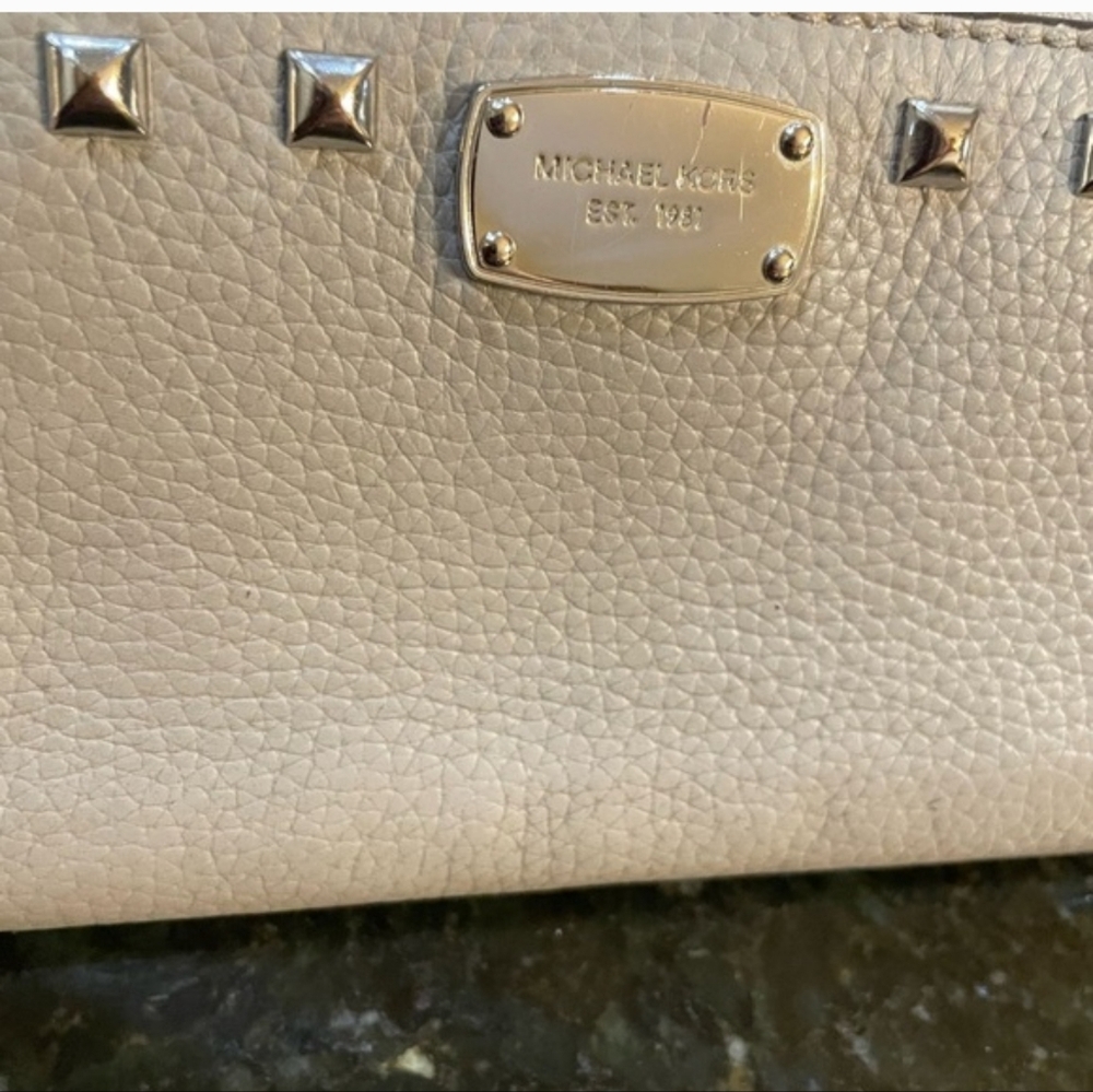 Michael Kors Taupe Leather Silver Studded Zip-Around Wallet - Picture 8 of 9